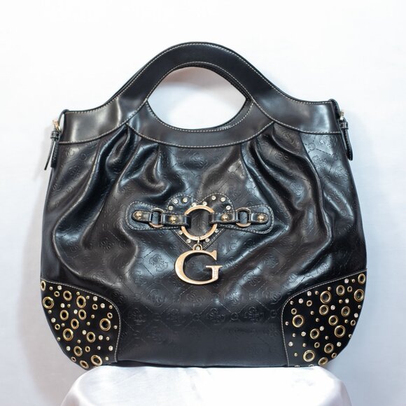 Guess Debossed G-Logo Rhinestone Handbag Faux Leather Satchel Vintage Black - Picture 1 of 9